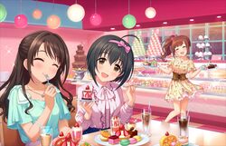  3girls :d ^_^ ahoge black_hair brown_eyes brown_hair buffet chocolate_fountain closed_eyes food fork friends fruit hairband half_updo happy idolmaster idolmaster_cinderella_girls idolmaster_cinderella_girls_starlight_stage igarashi_kyoko jewelry kohinata_miho long_hair macaron multiple_girls necklace official_art open_mouth shimamura_uzuki side_ponytail smile strawberry 