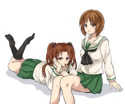  2girls alpachiiino arm_support black_bow black_legwear black_neckerchief blouse bow brown_eyes brown_hair closed_mouth commentary_request cross eating girls_und_panzer green_skirt hairbow hand_on_leg head_rest invisible_chair invisible_floor kadotani_anzu legs_up light_frown long_hair long_sleeves lying miniskirt mouth_hold multiple_girls neckerchief nishizumi_miho no_shoes on_stomach ooarai_school_uniform open_mouth parted_bangs pleated_skirt school_uniform serafuku shadow shirt short_hair simple_background single_stripe sitting skirt smile socks twintails white_background white_shirt yuri 