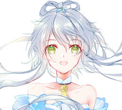  :d choker collarbone commentary_request female floating_hair green_eyes grey_hair hair_between_eyes hair_rings highres long_hair looking_at_viewer luo_tianyi open_mouth photoshop_(medium) portrait simple_background smile solo strapless vocaloid vsinger white_background yaduo 