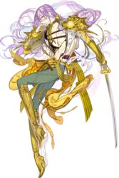  1boy arai_teruko blood blue_eyes full_body gloves hachisuka_kotetsu hachisuka_kotetsu_(kiwame) highres injury katana long_hair male_focus official_art purple_hair solo sword topless_male torn_clothes touken_ranbu transparent_background veil weapon wedge_heels white_gloves 