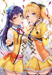  2girls ayase_eli blonde_hair blue_eyes blue_hair commentary_request earrings finger_to_another&#039;s_mouth jewelry long_hair love_live! love_live!_school_idol_project love_live!_the_school_idol_movie multiple_girls ponytail sakamuke scrunchie smile sonoda_umi sunny_day_song thighhighs yellow_eyes zettai_ryouiki 