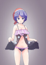  alternate_costume babydoll black_panties blue_hair blunt_bangs breasts chemise collarbone colored_eyelashes commentary_request doremy_sweet female frilled_panties frills gradient_background hat heki_(supmore!) highres looking_at_viewer medium_breasts navel night_clothes nightcap panties parted_lips pom_pom_(clothes) purple_background purple_eyes see-through short_hair solo stomach thighs touhou underwear 