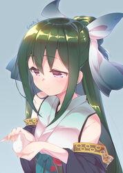  bad_id bad_pixiv_id bare_shoulders blue_background blush bodaisan_(oshiro_project) closed_mouth commentary_request detached_sleeves eyebrows female food green_hair hair_between_eyes hair_ribbon highres holding holding_food japanese_clothes long_hair onigiri oshiro_project:re photoshop_(medium) purple_eyes ribbon shaneru signature simple_background smile solo white_ribbon 