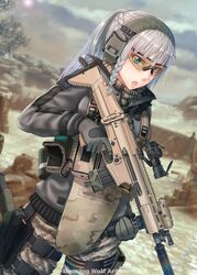  absurdres aqua_eyes assault_rifle blurry blurry_background braid call_of_duty call_of_duty:_modern_warfare_2 camouflage commentary dancing_wolf english_commentary extended_magazine female fn_scar foregrip french_braid glock gloves grey_hair gun handgun headset highres holding holding_gun holding_weapon holster holstered laser_sight lens_flare load_bearing_equipment long_hair original outdoors ponytail rifle safety_glasses scope solo suppressor thigh_holster trigger_discipline weapon 