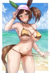 absurdres animal_ears bare_shoulders beach bikini black_choker bloomkoffer blush breasts brown_hair choker commentary ear_covers english_commentary female freckles gold_bikini green_eyes grin hat highres horse_ears horse_girl horse_tail ines_fujin_(umamusume) large_breasts long_hair looking_at_viewer navel ocean open_mouth side_ponytail single_ear_cover smile solo stomach swimsuit swimsuit_tug tail teeth umamusume visor_cap water wristband 