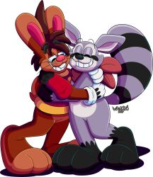  3_toes 4_fingers absurd_res anthro big_feet cartoon_gloves cheek_to_cheek clothing duo eyewear feet fingers glasses hi_res hug hugging_another indigo_park kerchief lagomorph leporid male male/male mammal marquis2007 neckerchief neckwear paws procyonid rabbit raccoon rambley_raccoon roderick_(tamerkoh) shirt smile tail toes toony topwear wearing_glasses whiskers 