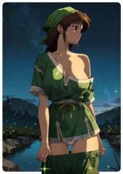  artist_logo bandana blush breasts brown_eyes brown_hair chinese_clothes clothes_pull commission cowboy_shot dusk female fireflies grass gravydood green_bandana green_pants green_shirt highres large_breasts ling_shen_hua logo long_hair looking_to_the_side mountainous_horizon off_shoulder open_mouth outdoors pants pants_pull parted_bangs pond rock second-party_source shenmue shenmue_iii shirt sidelocks sky solo star_(sky) starry_sky thighs tree undressing waist_ribbon 
