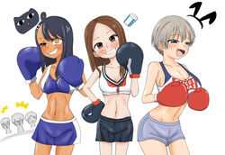  3boys 3girls ass big_ass big_breasts black_hair blue_boxing_gloves blue_eyes blue_gloves boxing_gloves breasts brown_eyes brown_hair cleavage clothed clothing curvy female female_focus gelato_(artist) grey_hair hayase_nagatoro karakai_jouzu_no_takagi-san long_hair male medium_breasts multiple_boys multiple_girls naoto_hachioji_(senpai) navel navy_blue_boxing_gloves navy_blue_gloves nishikata please_don&#039;t_bully_me,_nagatoro red_boxing_gloves red_gloves revealing_clothes sakurai_shinichi short_hair simple_background skinny takagi-san uzaki-chan_wa_asobitai! uzaki_hana white_background wide_hips 