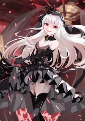  absurdres azur_lane bare_shoulders black_dress black_gloves black_veil crown dress elbow_gloves female fishnet_fabric gloves highres latex latex_dress latex_thighhighs long_hair looking_at_viewer mini_crown queen_elizabeth_(azur_lane) queen_elizabeth_(meta)_(azur_lane) red_eyes sakamoto_(slopepepepe) solo strapless strapless_dress thighhighs veil very_long_hair white_hair zettai_ryouiki 