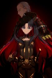  1boy armor black_armor black_bodysuit black_hair bodysuit breasts cleavage_cutout clothing_cutout echo_(circa) facial_hair fate/grand_order fate_(series) female goatee gold_trim grey_eyes grey_hair horns ishtar_(fate) japanese_armor katana long_hair looking_at_viewer medium_breasts multicolored_hair parted_bangs red_hair short_hair space_ishtar_(fate) space_ishtar_(first_ascension)_(fate) sword two-tone_hair two_side_up weapon yagyuu_munenori_(fate) 