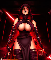  1girls 2022 2d alternate_version_available big_breasts breasts busty double_bladed_lightsaber female female_only hooded_cloak hourglass_figure lightsaber makeup red_lightsaber rey sith sith_empress sith_rey solo standing star_wars tagme thalia_(artist) wide_hips 