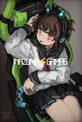  anchor_symbol animal_ear_headphones animal_ears black_skirt blush brown_eyes brown_hair cat_ear_headphones chair character_name controller fake_animal_ears female folded_ponytail game_controller gaming_chair grey_background headphones holding inazuma_(kancolle) jewelry kantai_collection kuro4221 long_sleeves neckerchief open_mouth pleated_skirt ponytail qr_code red_neckerchief ring sailor_collar school_uniform serafuku simple_background sitting skirt solo swivel_chair 