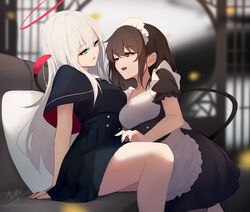  2girls alternate_costume angel_girl_(shimmer) apron artist_name black-haired_demon_girl_(shimmer) black_capelet black_dress blue_eyes blurry blurry_background breasts brown_hair capelet commentary couch demon_girl demon_tail depth_of_field dress enmaided frilled_apron frills hair_between_eyes halo highres indoors long_hair maid maid_headdress medium_breasts multiple_girls on_couch open_mouth original parted_lips pillow puffy_short_sleeves puffy_sleeves red_eyes shimmer short_sleeves signature sitting symbol-only_commentary tail very_long_hair white_apron white_hair yuri 