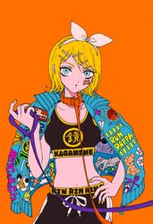  aku_no_musume_(vocaloid) alternate_costume aqua_eyes bad_id bad_twitter_id blonde_hair blue_eyes character_name commentary cowboy_shot crop_top dddddestroy english_commentary female gekokujou_(vocaloid) hair_ornament hairclip hand_on_own_hip highres holding holding_leash jacket jacket_on_shoulders kagamine_rin kyoufu_garden_(vocaloid) leash looking_at_viewer melancholic_(vocaloid) midriff navel okochama_sensou_(vocaloid) orange_background pinwheel positive_vs_negative_(vocaloid) remote_control_(vocaloid) rettou_joutou_(vocaloid) roki_(vocaloid) short_hair simple_background solo song_request songover sports_bra tokyo_teddy_bear_(vocaloid) vocaloid yellow_nails yi_er_fan_club_(vocaloid) 