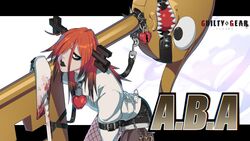  a.b.a bags_under_eyes ball_gag cosplay deadset_future fake_screenshot female gag gagged green_eyes guilty_gear guilty_gear_strive hair_ornament hair_over_one_eye highres key_in_head looking_at_viewer object_through_head pale_skin paracelsus_(guilty_gear) red_hair redesign sharp_teeth straitjacket teeth 