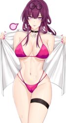  bikini black_choker breasts choker cleavage closed_mouth cowboy_shot female highres honkai:_star_rail honkai_(series) kafka_(honkai:_star_rail) large_breasts looking_at_viewer nail_polish navel noise_paper open_clothes parted_lips pince-nez purple_eyes purple_hair purple_nails shirt simple_background smile stomach swimsuit thigh_strap thighs white_background white_shirt 