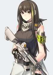  armband assault_rifle bandana bare_shoulders black_bandana brown_eyes brown_hair clothes_around_waist cowboy_shot female girls&#039;_frontline gloves green_hair grey_background gun highres holding holding_gun holding_weapon jacket jacket_around_waist leotard looking_at_viewer m4_carbine m4a1_(girls&#039;_frontline) mask multicolored_hair nakiusagi ribbed_leotard rifle simple_background skull_mask skull_print solo streaked_hair thighhighs trigger_discipline vertical_foregrip weapon 