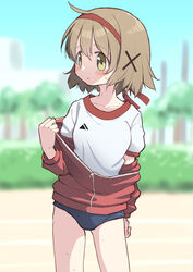  arm_behind_back bad_id bad_pixiv_id bandana blue_buruma blurry blurry_background breasts brown_eyes brown_hair buruma collarbone female gym_shirt hair_ornament hand_up hidamari_sketch highres jacket looking_to_the_side open_clothes open_jacket outdoors percy_pyl red_jacket running_track shirt short_hair small_breasts solo tree white_shirt x_hair_ornament yuno_(hidamari_sketch) zipper 