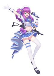  ;d argent_wing arm_up assault_rifle belt beret black_footwear blue_eyes blue_skirt bow breasts crop_top crop_top_overhang female frilled_shirt frills full_body g36_(argent_wing) gloves gun h&amp;k_g36 hand_up hat highres holding idol long_hair looking_at_viewer mary_janes medium_breasts microphone midriff miniskirt navel official_art one_eye_closed one_side_up open_mouth outstretched_arm pleated_skirt purple_bow purple_hair rifle sailor_collar shirt shoes short_sleeves skirt smile solo stomach thighhighs thighs transparent_background weapon white_gloves white_hat white_shirt white_thighhighs zettai_ryouiki 