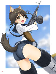  :d absurdres animal_ears ass black_sailor_collar blue_sky blush brown_eyes brown_hair cloud cloudy_sky commentary day dog_ears dog_girl dog_tail female flying from_behind from_side gun highres holding holding_gun holding_weapon long_sleeves looking_at_viewer looking_back machine_gun miyafuji_yoshika nao_suke no_pants outdoors sailor_collar sailor_shirt school_swimsuit serasuku shirt short_hair sky smile solo strike_witches striker_unit swimsuit swimsuit_under_clothes tail type_99_light_machine_gun weapon white_shirt world_witches_series 