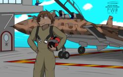  16:10 aircraft aircraft_carrier airplane anthro armor brown_body brown_eyes brown_fur brown_hair camo canid canine canis cheek_tuft clothed clothing duo f-14 facial_tuft flightsuit fur hair headgear helmet holding_armor holding_headgear holding_helmet holding_object jet keesthewolf male mammal navy outside ship smile solo_focus standing tuft twokinds vehicle warship watercraft widescreen wolf zen_(twokinds) 