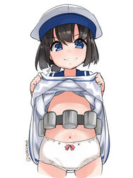  black_hair blue_eyes blue_sailor_collar bob_cut clothes_lift commentary_request daitou_(kancolle) depth_charge dress dress_lift duplicate female grin hat high_ponytail highres kantai_collection looking_at_viewer panties pixel-perfect_duplicate sailor_collar sailor_dress sailor_hat short_hair short_sleeves sidelocks simple_background smile solo takase_muh underwear white_background white_dress white_hat white_panties 