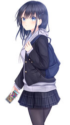  backpack bag black_pantyhose blazer blue_eyes blue_hair blue_skirt buttons cellphone closed_mouth cowboy_shot drawstring female grey_hoodie hair_ornament hairclip highres holding holding_phone hood hoodie jacket layered_clothes long_sleeves medium_hair miniskirt original pantyhose phone plaid plaid_skirt puzzle_&amp;_dragons school_uniform senri_(senri_sen) simple_background skirt smartphone solo uniform video_game white_background 