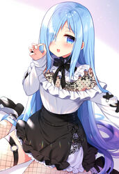  :d black_footwear black_skirt blue_eyes blue_hair blush commentary_request eyes_visible_through_hair female fishnet_thighhighs fishnets frilled_skirt frills gradient_hair hair_over_one_eye hand_up highres long_hair long_sleeves looking_at_viewer multicolored_hair off-shoulder_shirt off_shoulder original purple_hair ringo_sui see-through shirt shoes sitting skirt sleeves_past_wrists smile socks socks_over_thighhighs solo thighhighs very_long_hair wariza white_legwear white_shirt 