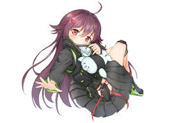  ahoge bandana black_jacket black_skirt female fish_hair_ornament full_body girls&#039;_frontline hair_between_eyes hair_ornament hansal highres jacket knee_pads long_hair looking_at_viewer p226_(girls&#039;_frontline) pleated_skirt purple_hair red_eyes shoes simple_background skirt skull_print smile sneakers solo stuffed_animal stuffed_seal stuffed_toy white_background 