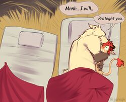  anthro bear bed_sheet bedding benedict_(jarnqk) bovid bovine cattle dialogue duo embrace english_text green_eyes hair hi_res horn hug jarnqk male male/male mammal red_hair sleep_talking sleeping speech_bubble tent text 