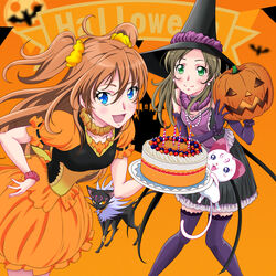  2girls :d black_headwear black_skirt blue_eyes bracelet breasts brown_hair cake cleavage closed_mouth collarbone earrings elbow_gloves feline floating_hair food food-themed_earrings gloves green_eyes hair_ornament hair_scrunchie halloween halloween_costume hat holding holding_plate houjou_hibiki hummy_(suite_precure) jack-o&#039;-lantern jack-o&#039;-lantern_earrings jewelry layered_skirt leaning_forward long_hair looking_at_viewer maruze_circus minamino_kanade miniskirt multiple_girls open_mouth orange_skirt plate precure pumpkin purple_gloves purple_legwear red_scrunchie scrunchie seiren_(suite_precure) skirt small_breasts smile suite_precure thighhighs twintails witch_hat wrist_scrunchie yellow_scrunchie zettai_ryouiki 