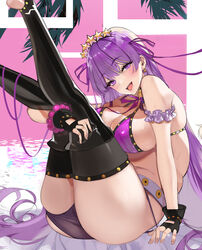  absurdres bb_(fate) bb_(swimsuit_mooncancer)_(fate) bb_(swimsuit_mooncancer)_(second_ascension)_(fate) bead_bracelet beads belt bikini black_garter_belt blush bracelet breasts earrings english_commentary fate/grand_order fate_(series) female fingerless_gloves garter_belt gloves hair_ornament hareno_chiame highres jewelry large_breasts long_hair looking_at_viewer loose_belt micro_shorts open_mouth purple_bikini purple_eyes purple_ribbon ribbon shorts sitting smile solo star_(symbol) star_earrings star_hair_ornament studded_garter_belt swimsuit white_belt 