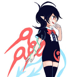  ahoge asymmetrical_wings black_dress black_hair black_thighhighs blue_wings bow bowtie buttons center_frills commentary dress female frills houjuu_nue looking_to_the_side photoshop_(medium) pointy_ears red_bow red_bowtie red_eyes red_wings short_dress short_sleeves snake solo thighhighs touhou white_background wings you_taira 