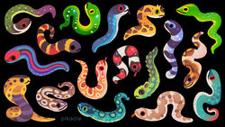  animal animal_focus artist_name black_background blue_eyes brown_eyes commentary english_commentary from_side green_eyes no_humans original photoshop_(medium) pikaole purple_eyes red_eyes simple_background snake tongue tongue_out watermark yellow_eyes 