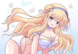  bikini blonde_hair blue_background breasts cleavage double_bun female fletcher_(kancolle) fletcher_(swimsuit_mode)_(kancolle) gradient_background hair_bun hair_ornament hairband highres kantai_collection large_breasts long_hair navel one-hour_drawing_challenge purple_eyes shizuna_kaede smile solo star_(symbol) star_hair_ornament stomach swimsuit white_background white_bikini 