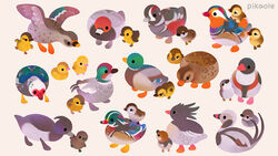  &gt;_&lt; animal animal_focus artist_name beak bird black_eyes closed_eyes commentary duck duckling english_commentary from_side grey_background looking_up mallard mandarin_duck mother_and_child no_humans one_eye_closed original pikaole simple_background sitting solid_circle_eyes spread_wings standing watermark 