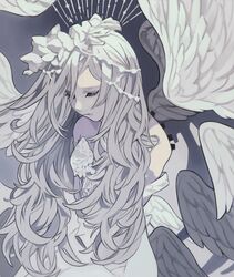  angel angel_wings closed_eyes commentary_request detached_wings feathered_wings female grey_hair highres limited_palette long_hair muted_color original solo tokiwata_soul upper_body white_theme wings 