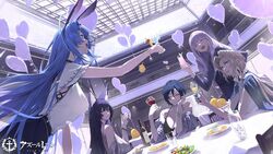  5girls alcohol alternate_costume animal_ears azur_lane balloon bare_shoulders black_hair blue_eyes blue_hair bottle breasts cleavage coat coat_on_shoulders cocktail_glass cup drinking_glass earrings facial_mark fake_animal_ears food heart_balloon highres holding holding_cup huge_breasts jewelry kronshtadt_(azur_lane) large_breasts leaning_forward light_brown_hair loading_screen long_hair long_sleeves manjuu_(azur_lane) multiple_girls musashi_(azur_lane) new_jersey_(azur_lane) official_art one_eye_closed open_mouth pink_hair plymouth_(azur_lane) purple_eyes purple_hair rabbit_ears red_wine short_hair somehira_katsu ulrich_von_hutten_(azur_lane) very_long_hair whisker_markings wine wine_bottle yellow_eyes 