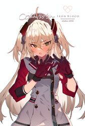  admiral_hipper_(azur_lane) ahoge azur_lane blonde_hair blush buttons commentary_request commission double-breasted female gloves green_eyes hair_between_eyes headgear heart heart_hands long_hair looking_at_viewer open_mouth skeb_commission solo soukou_makura sweatdrop two_side_up white_background 