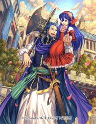  1boy axe beard blue_eyes blue_hair blue_sky cape castle cloud company_name copyright_name day dress facial_hair father_and_daughter female fire_emblem fire_emblem:_the_binding_blade fire_emblem:_the_blazing_blade fire_emblem_cipher hector_(fire_emblem) holding holding_axe holding_hands izuka_daisuke lilina_(fire_emblem) long_hair long_sleeves official_art on_shoulder open_mouth outdoors petals scabbard sheath sheathed short_hair sky sword tree weapon 