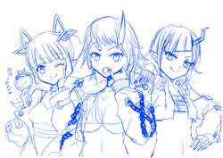  3girls ;) arrow_(symbol) asymmetrical_horns blue_theme breasts closed_mouth commentary_request crop_top crop_top_overhang diagonal_bangs fang_out finger_in_own_mouth hair_ornament hand_mirror hand_on_own_hip head_tilt holding holding_mirror horns jacket kojo_anna kojo_anna_(1st_costume) long_hair long_sleeves medium_breasts mirror monochrome multiple_girls nanashi_inc. navel oerba_yun_fang okiru one_eye_closed open_clothes open_jacket pointy_ears puffy_long_sleeves puffy_sleeves ryugasaki_rene ryugasaki_rene_(1st_costume) shishio_chris shishio_chris_(1st_costume) simple_background sleeves_past_wrists smile sugar_lyric tongue tongue_out translation_request underboob upper_body v-shaped_eyebrows virtual_youtuber white_background 