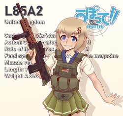  absurdres assault_rifle blonde_hair blue_eyes blush bullpup character_name chest_rig copyright_name cowboy_shot english_text female german_flag gun hair_between_eyes highres l85 l85a1_(upotte!!) medium_hair rifle school_uniform serafuku smile solo union_jack upotte!! weapon willy_pete 