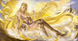  absurdres angel_wings arm_up armor armored_dress bare_shoulders bird blonde_hair building closed_mouth detached_collar detached_sleeves douluo_dalu dress female full_body high_heels highres light_rays long_hair looking_at_viewer mingming_er qian_renxue_(douluo_dalu) second-party_source sitting smile solo very_long_hair watermark white_dress wings 