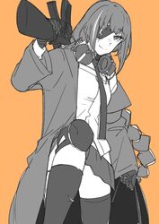  assault_rifle asymmetrical_legwear braid eyepatch feet_out_of_frame female girls&#039;_frontline gloves greyscale_with_colored_background gun highres holding holding_gun holding_weapon jacket knee_pads m16 m16a1 m16a1_(girls&#039;_frontline) monochrome nakiusagi necktie orange_background orange_eyes over_shoulder rifle scar scar_on_face simple_background smile solo spot_color weapon weapon_over_shoulder 