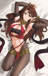  armpits arms_up bare_shoulders black_pantyhose blush bracelet breasts bridal_gauntlets brown_hair circlet cleavage commentary criss-cross_halter detached_sleeves dorothea_arnault dorothea_arnault_(plegian) english_commentary female fire_emblem fire_emblem:_three_houses fire_emblem_heroes green_eyes halterneck highres jewelry large_breasts long_hair looking_at_viewer lying navel neck_ring official_alternate_costume on_back pantyhose parted_lips pelvic_curtain pendant sash sendo_(sendrawz) solo thighs 