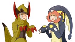  2boys blush brothers cosplay eelektross eelektross_(cosplay) emmet_(pokemon) grey_eyes grey_hair hands_up haxorus haxorus_(cosplay) ingo_(pokemon) jaho long_sideburns looking_at_viewer male_focus multiple_boys open_mouth pokemon pokemon_bw short_hair siblings sideburns simple_background smile white_background 