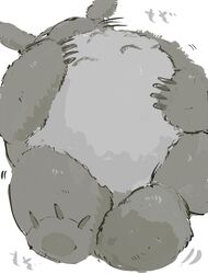  2020 absurd_res anthro belly biped buta5kawa fur ghibli grey_body grey_fur hi_res japanese_text kemono lying my_neighbor_totoro on_back overweight overweight_anthro simple_background solo text totoro white_background 