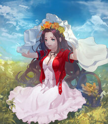  :d absurdres aerith_gainsborough aqua_eyes arms_up basket blue_sky breasts brown_hair day dress female field final_fantasy final_fantasy_vii flower flower_basket hair_intakes head_wreath highres jacket lanyard long_hair looking_at_viewer on_ground open_clothes open_jacket open_mouth outdoors parted_hair peace_(kgrv5733) red_jacket short_sleeves sitting sky smile solo veil veil_lift white_dress 