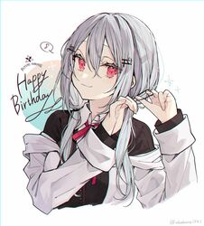  akakura artist_name black_sweater character_name closed_mouth collared_shirt commentary_request cropped_torso female grey_hair hair_between_eyes hair_ornament hakase_fuyuki hakase_fuyuki_(1st_costume) happy_birthday long_hair long_sleeves looking_to_the_side low_twintails musical_note neck_ribbon nijisanji off_shoulder red_eyes red_ribbon ribbed_sweater ribbon shirt sleeve_cuffs smile solo spoken_musical_note sweater twintails tying_hair upper_body virtual_youtuber 