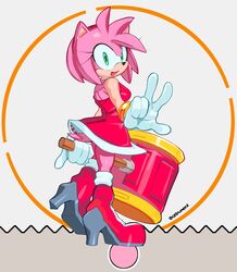  2020 absurd_res accessory amy_rose anthro backless_clothing backless_dress breasts cashumeru clothing dress eulipotyphlan female footwear gloves green_eyes hair_accessory hairband hammer handwear hedgehog hi_res mammal open_mouth open_smile pink_body pink_skin red_clothing red_dress sega signature smile solo sonic_the_hedgehog_(series) tools 